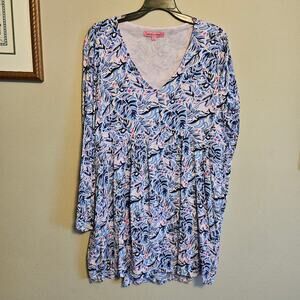 Simply Southern V Neck Floral Blue and Pink Long Sleeve Babydoll Dress Large